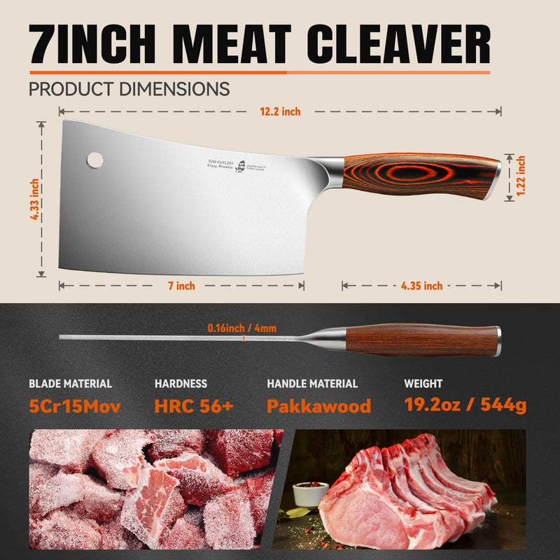 TUO ساطور لحم TUO، 7 بوصة، قاطع عظام ثقيل، سكين جزار من الفولاذ المقاوم للصدأ الألماني عالي الكربون، مقبض باكاوود، سكين تقطيع مطبخ مع صندوق هدايا - سلسلة فينيق الناري - Image 3